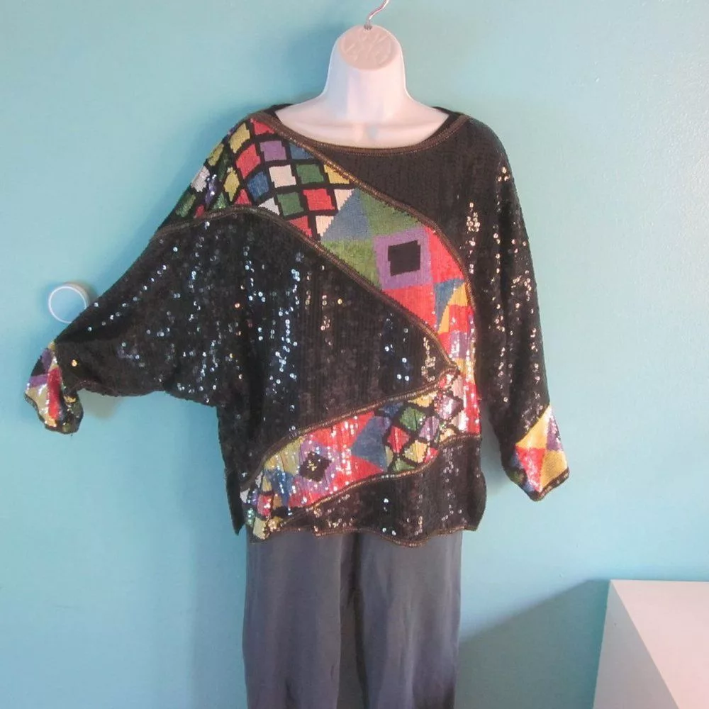 Vintage Blouses SCALA Vintage Sequin Top Womens Size L Long Dolman Sleeve Bl Black