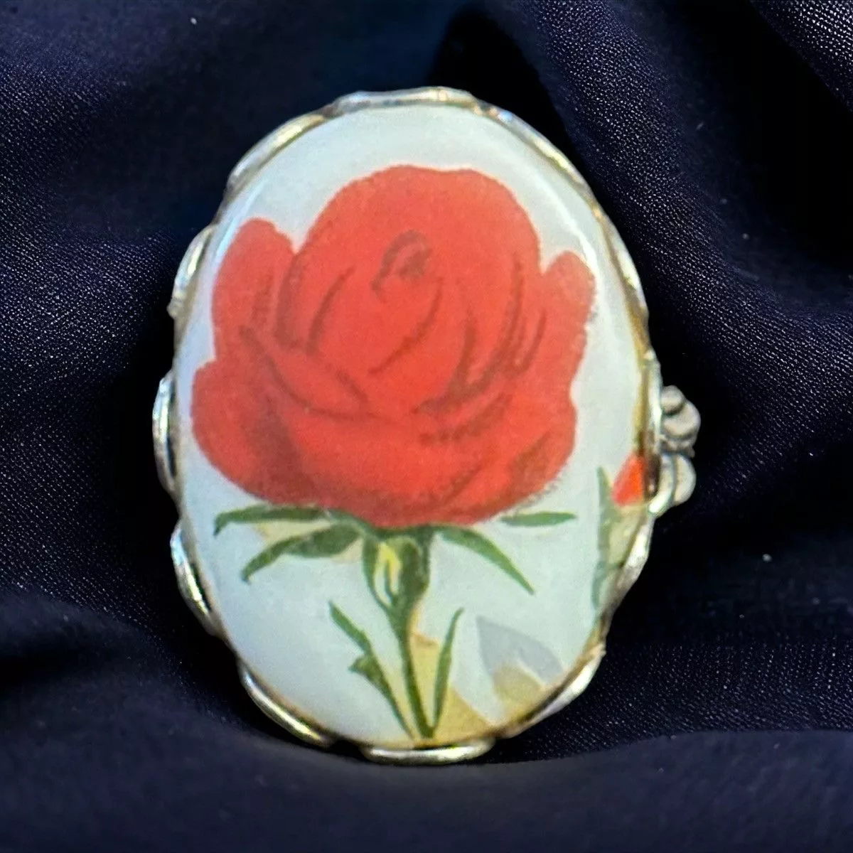 Vintage Rings Vintage porcelain painted rose cuff ring Silver
