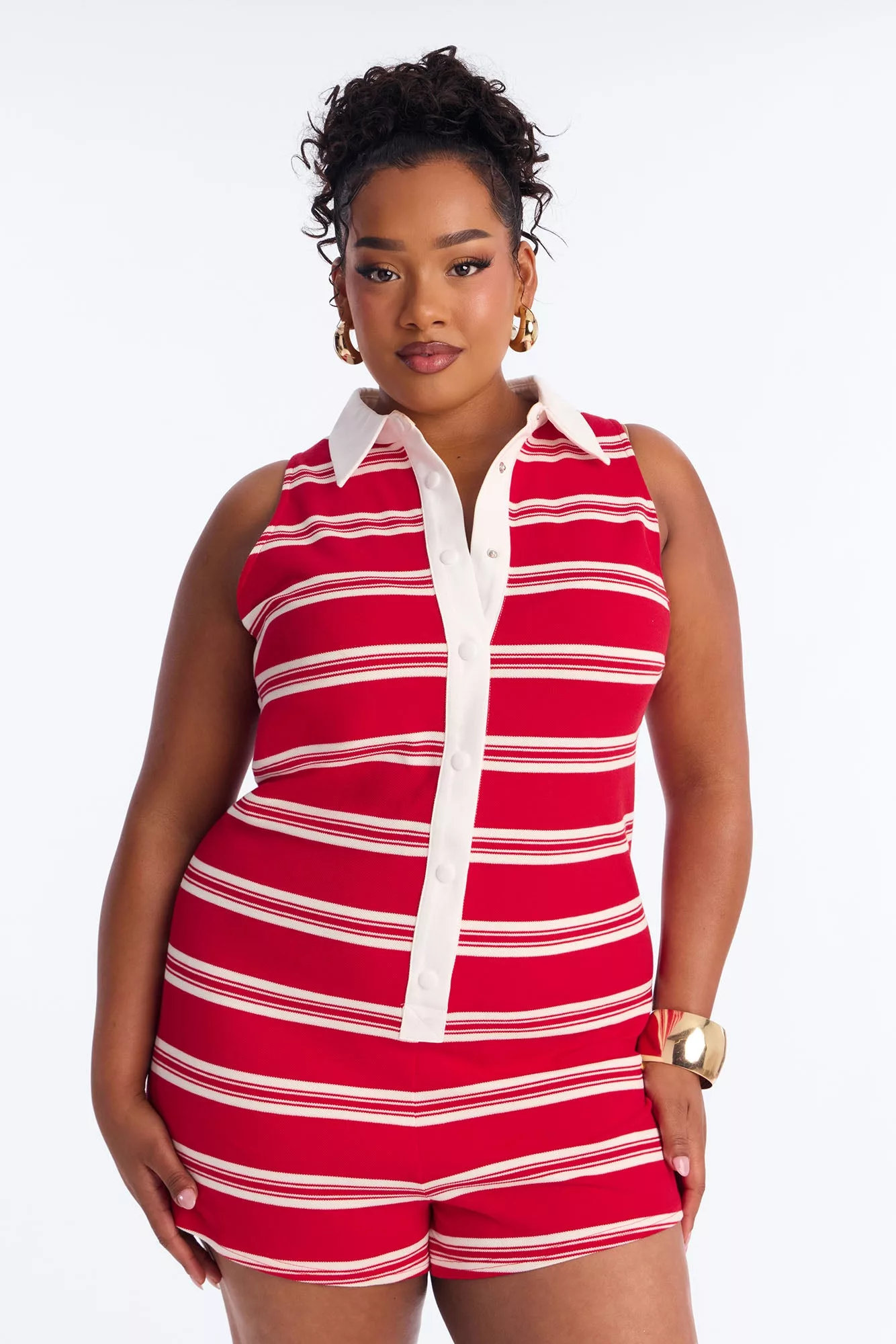 Cleo Polo Striped Sleevless Romper - Red