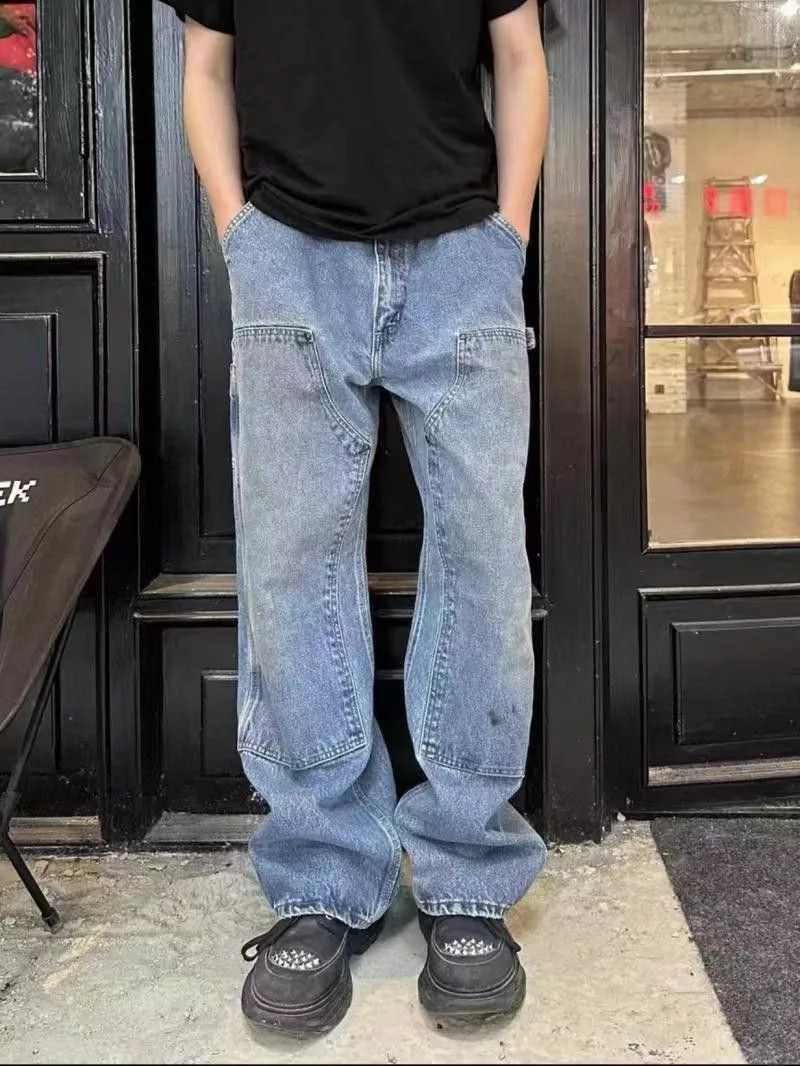 Japanese Brand Denim Japanese Brand × Jean Street Heavy Wash Double Knee Logger Work Jeans Blue Streetwear
