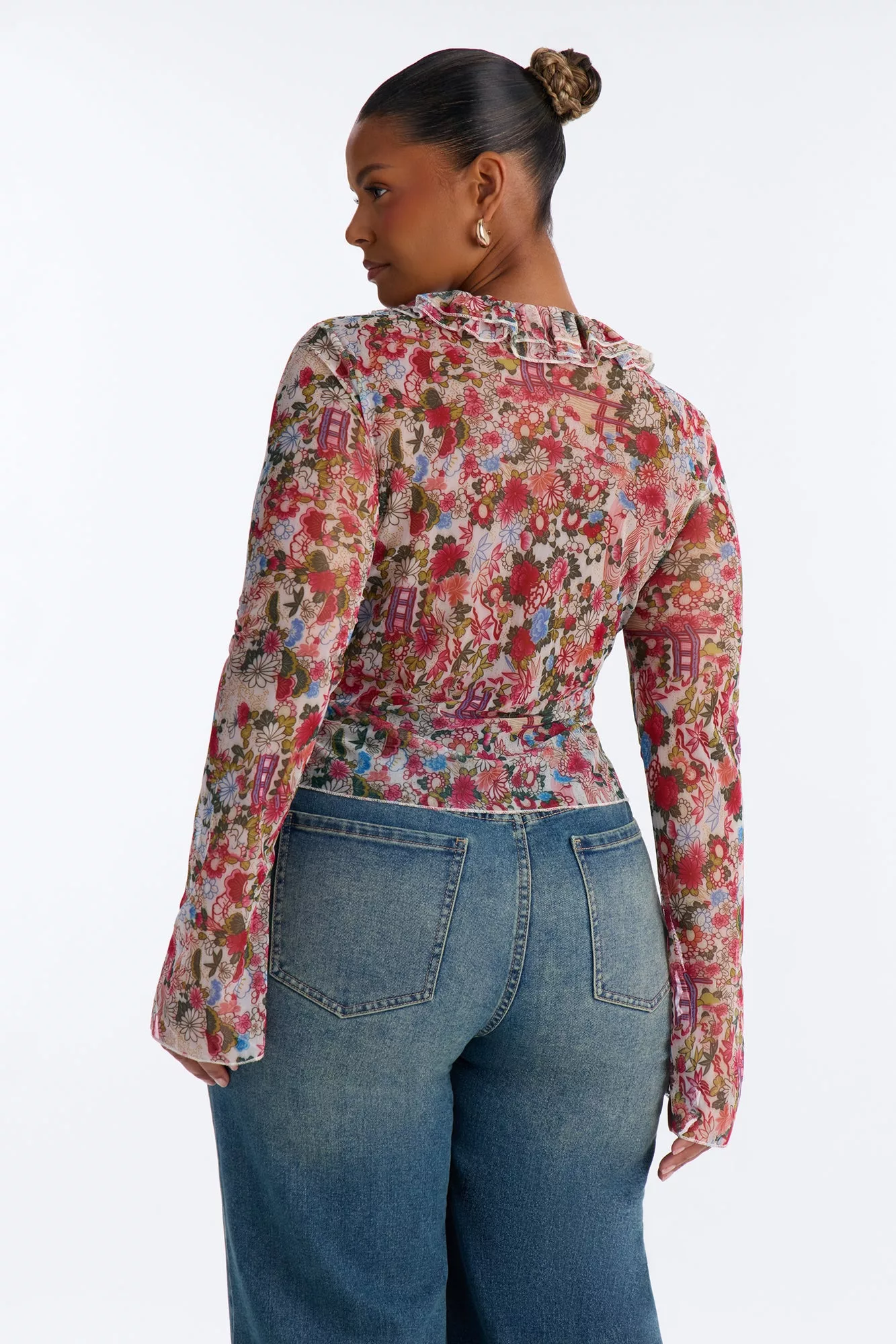 Alexa Ruffle Floral Mesh Long Sleeve Top - Multi Color