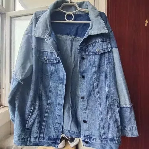Other Denim Jackets Other Crop Oversized Denim Jacket Female Patchwork Blue Streetwear