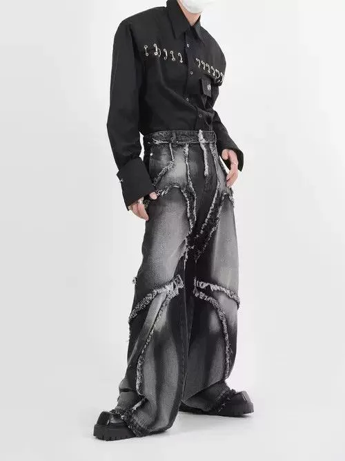 Japanese Brand Denim Japanese Brand × Jean Vintage washed distressed fringed micro-flare jeans Black Streetwear
