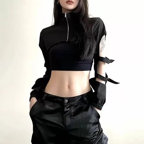 Japanese Brand Crop Tops Japanese Brand × Vintage Goth Dark Hollow Out Techwear Fashion Cargo Black Streetwear