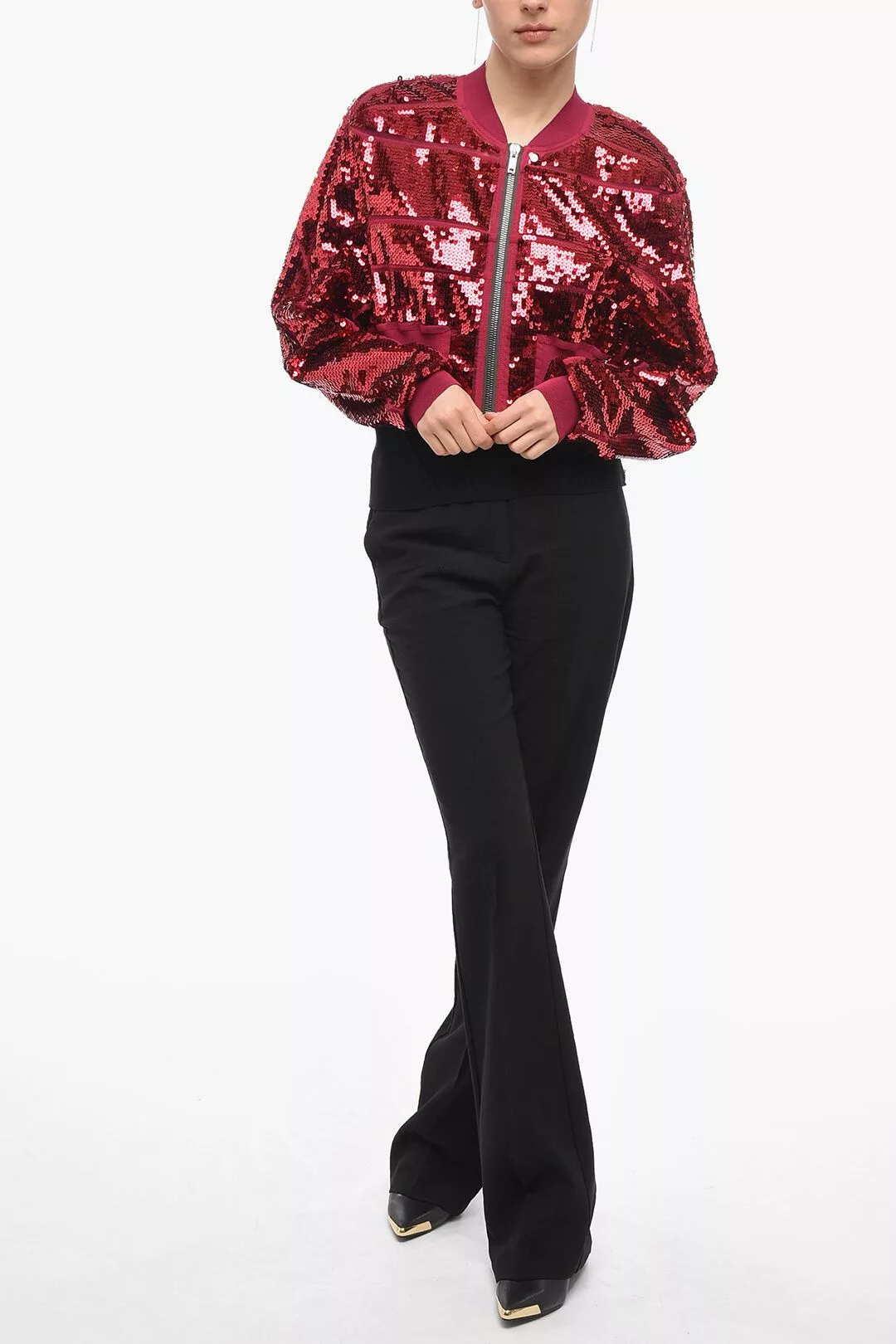 Rick Owens Jackets Rick Owens og1mm0724 Sequined Girdered Flight Cropped Jacket in Red