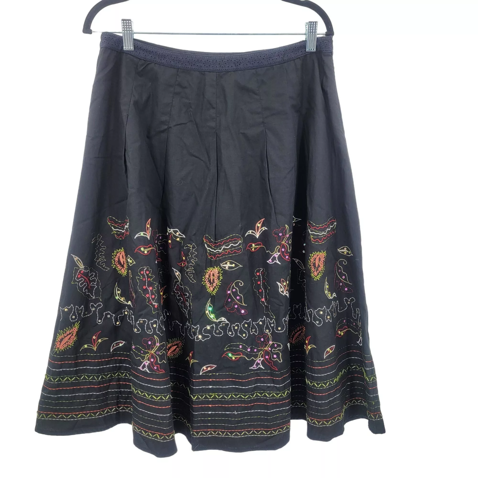 Vintage Midi Skirts Vintage 90s Midi Skirt 12 Black Floral Embroidered Cotton Festival