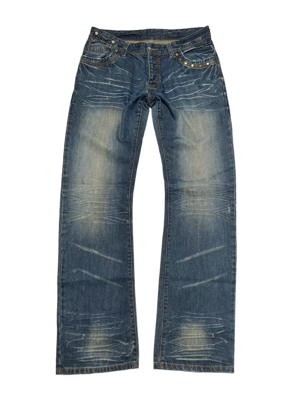 20471120 Denim 20471120 × Japanese Brand Vintage Flared Distressed Studded Denim Pants Jeans y2k Blue Streetwear