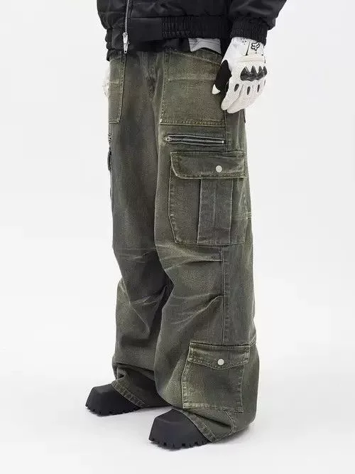 Japanese Brand Denim Japanese Brand × Jean Retro washed distressed workwear loose wide leg jeans Multi Streetwear