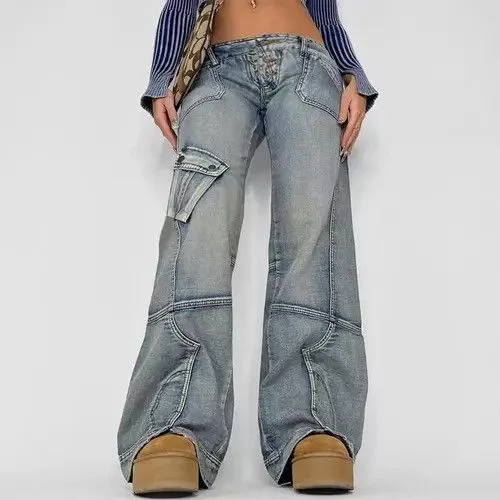 Jean Jeans Retro washed distressed irregular pocket cargo jeans Blue Avant-Garde