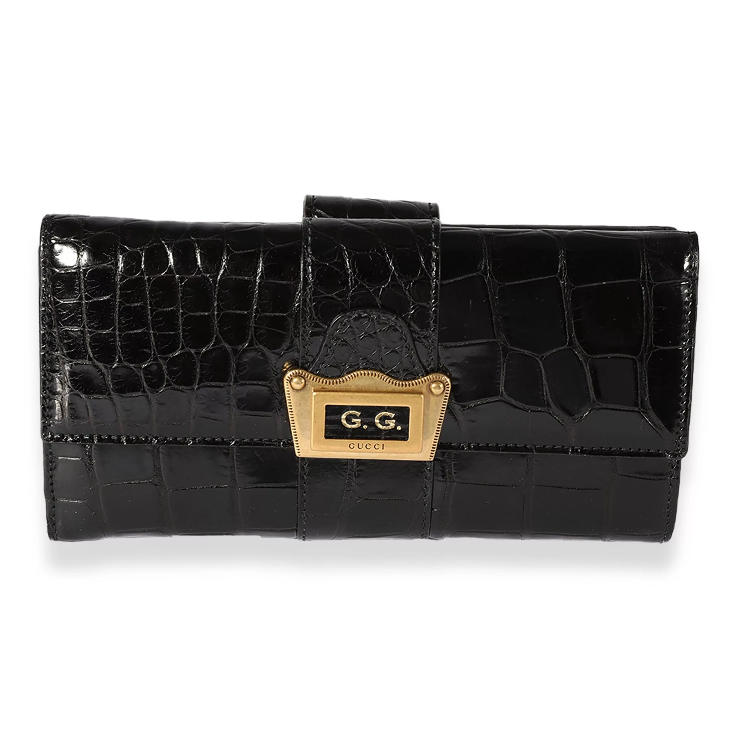 Gucci Rings Gucci Black Crocodile-Embossed Long Flap Wallet