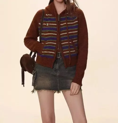Japanese Brand Sweaters Japanese Brand × Vintage Retro contrast striped knitted cardigan sweater Brown