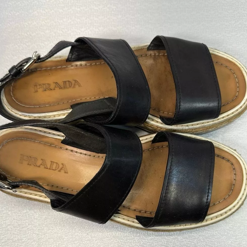 Prada Sandals Prada Black Espadrille Platform Sandals women sz 38.5 US 8