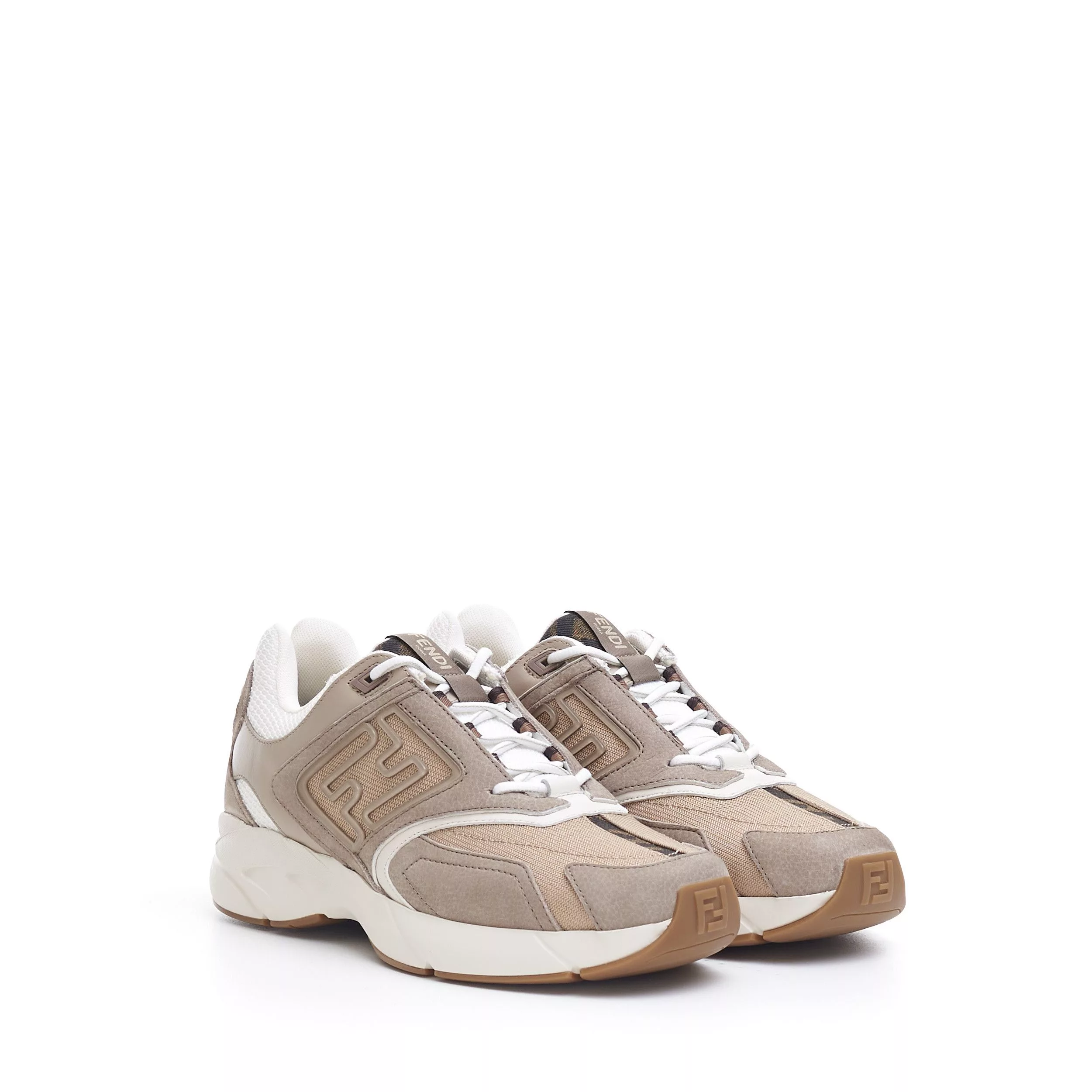 Fendi Low Top Sneakers Fendi Low Top 'Faster' Sneakers With FF Motif In Beige Nubuck Multi