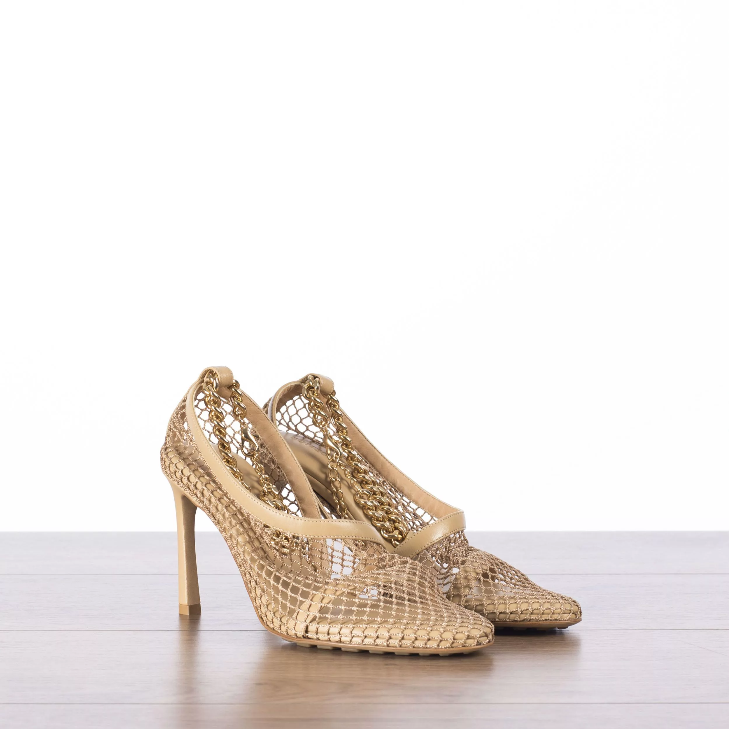 Bottega Veneta Heels Bottega Veneta Nappa Leather Sandals with Mesh Overlay & Chain Beige