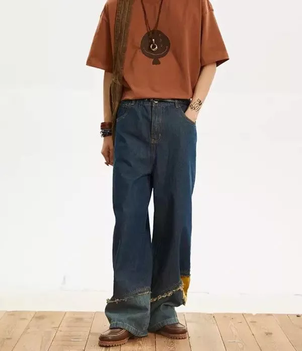 Jean Denim Straight-leg jeans with retro patchwork design Blue Avant-Garde