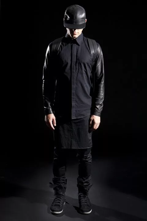 SKINGRAFT Shirts Button Ups Skingraft Collared Shirt with Lambskin Leather Sleeves Black