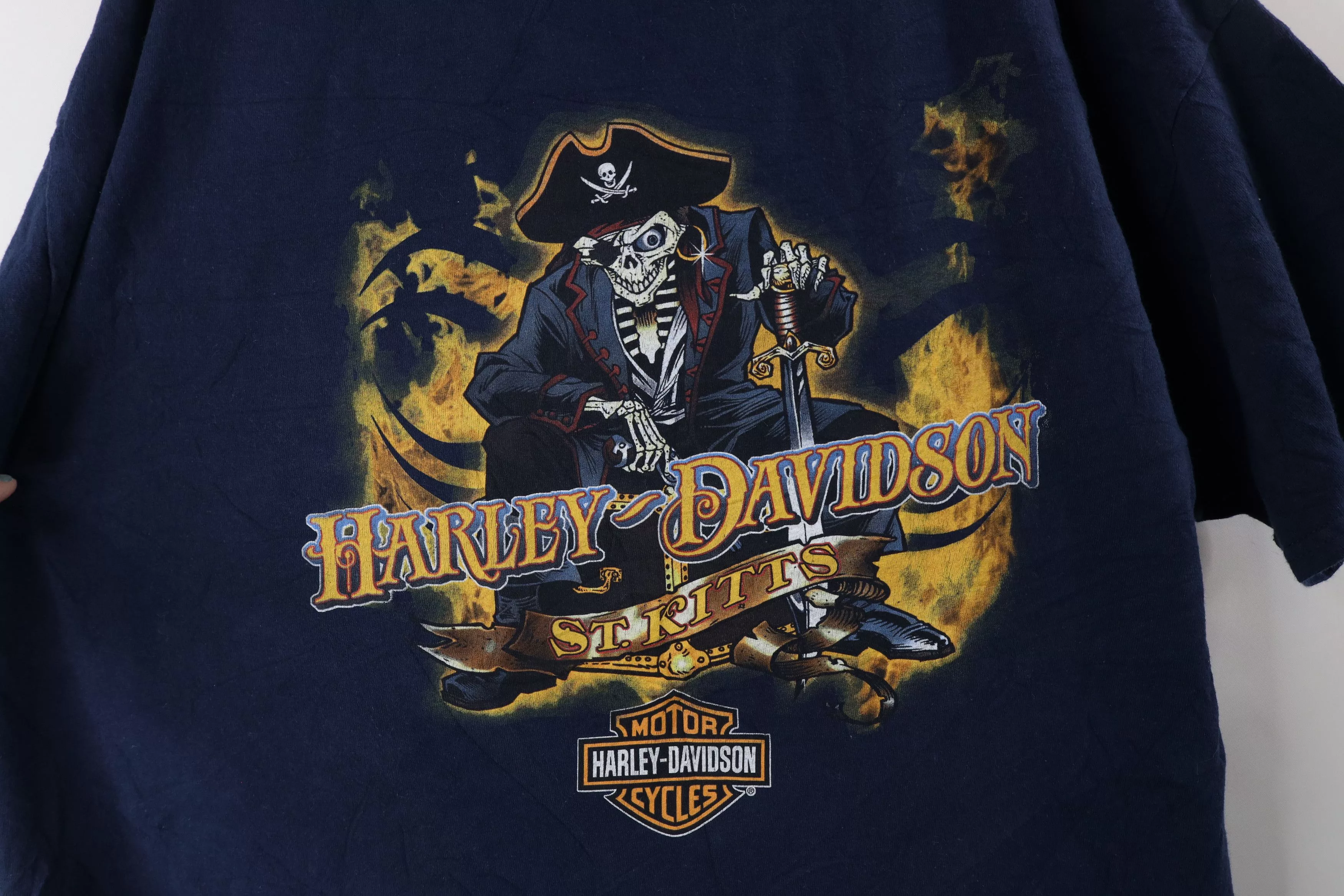 Harley Davidson Short Sleeve T Shirts Harley Davidson × Vintage Vintage Harley Davidson Skull Fire Flames T-Shirt Blue