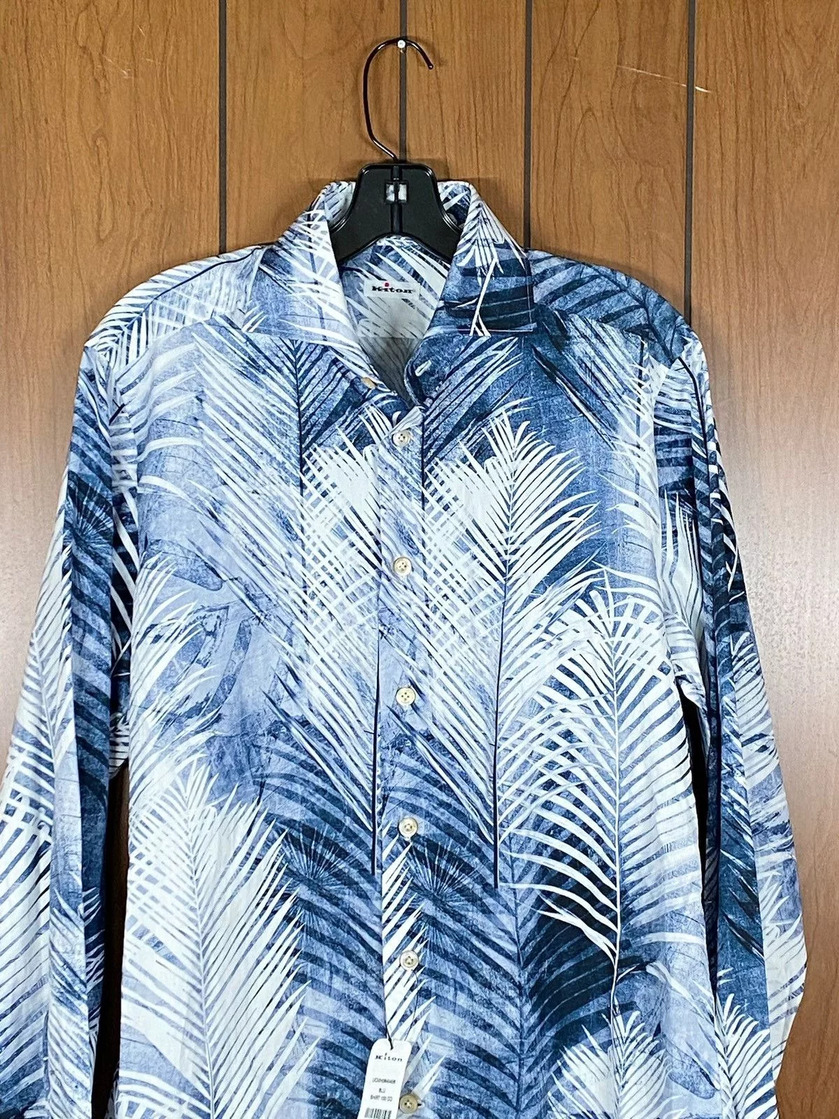 Kiton Shirts Button Ups Kiton Palm Tree Print Button-Up Shirt size 39/15.5 Blue