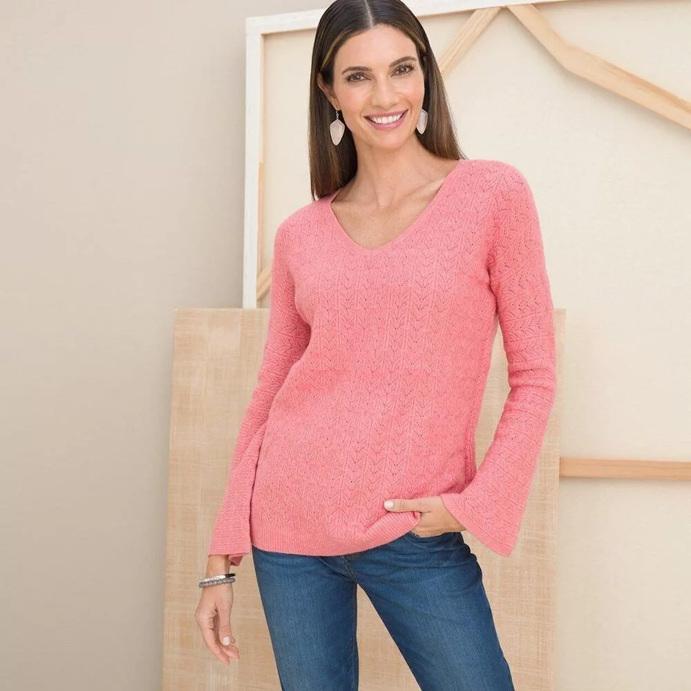 Chicos Sweaters Chicos New Chico's Cable-Knit V-Neck Pink Sweater Size 1 US M