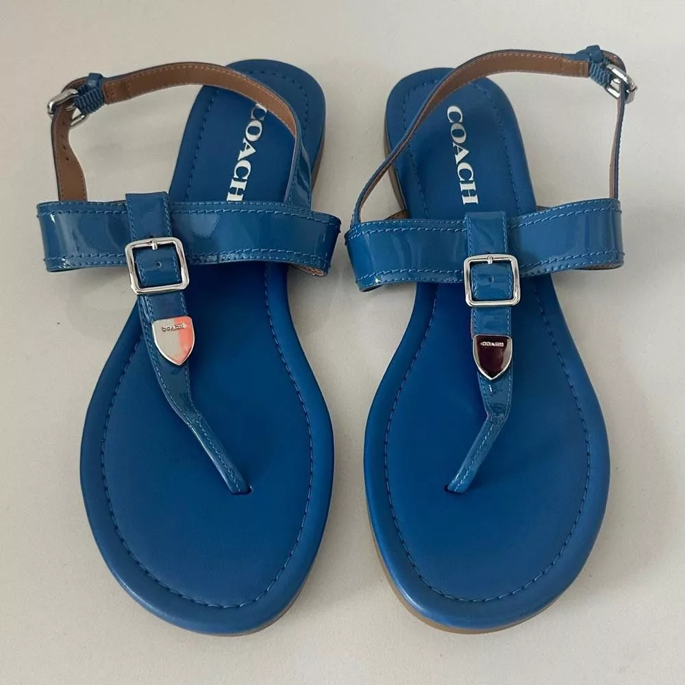 Coach Sandals COACH Cassidy Patent Lapis Blue Thong Leather Sandals Size 9