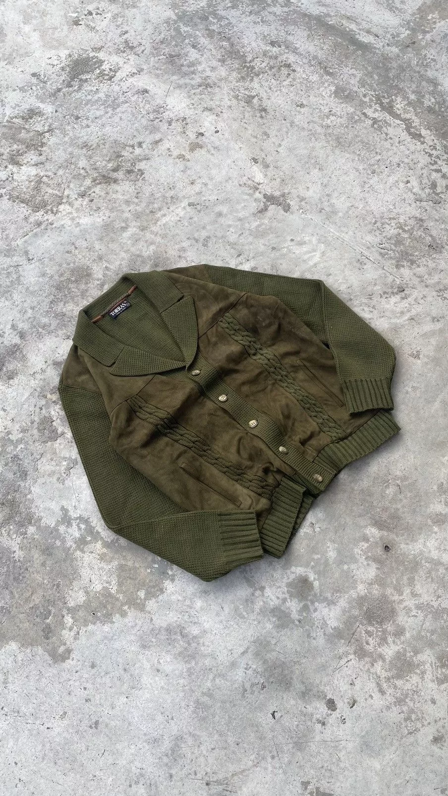 Designer Light Jackets Designer × Torras Torras Suede Cable Knit Jacket 80s Spain Green Avant-Garde
