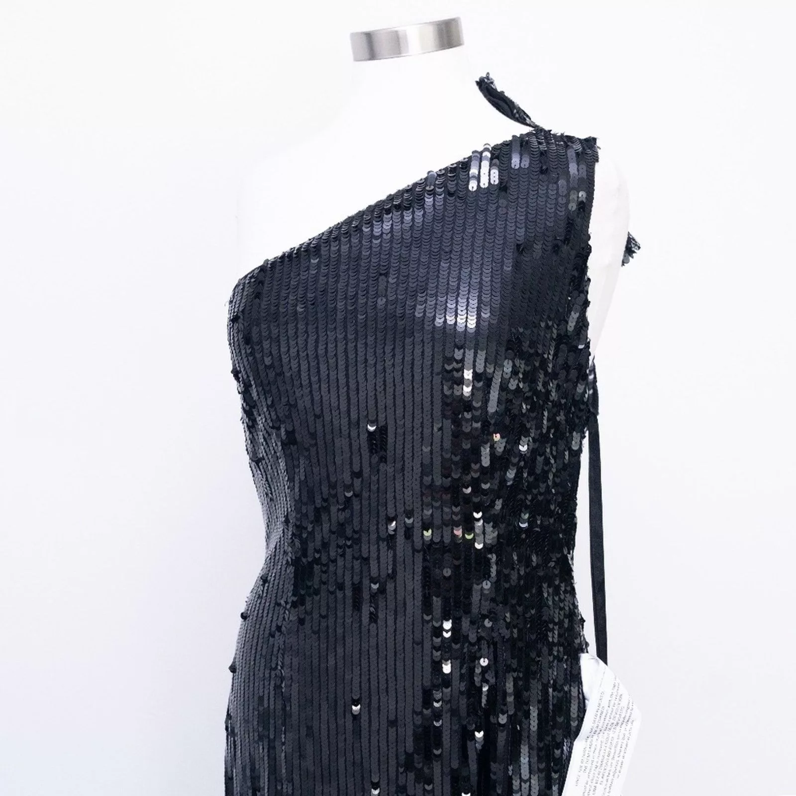 Designer Midi Dresses Designer Mac Duggal. Sequined One Shoulder Back Bow Detail Gown. Black