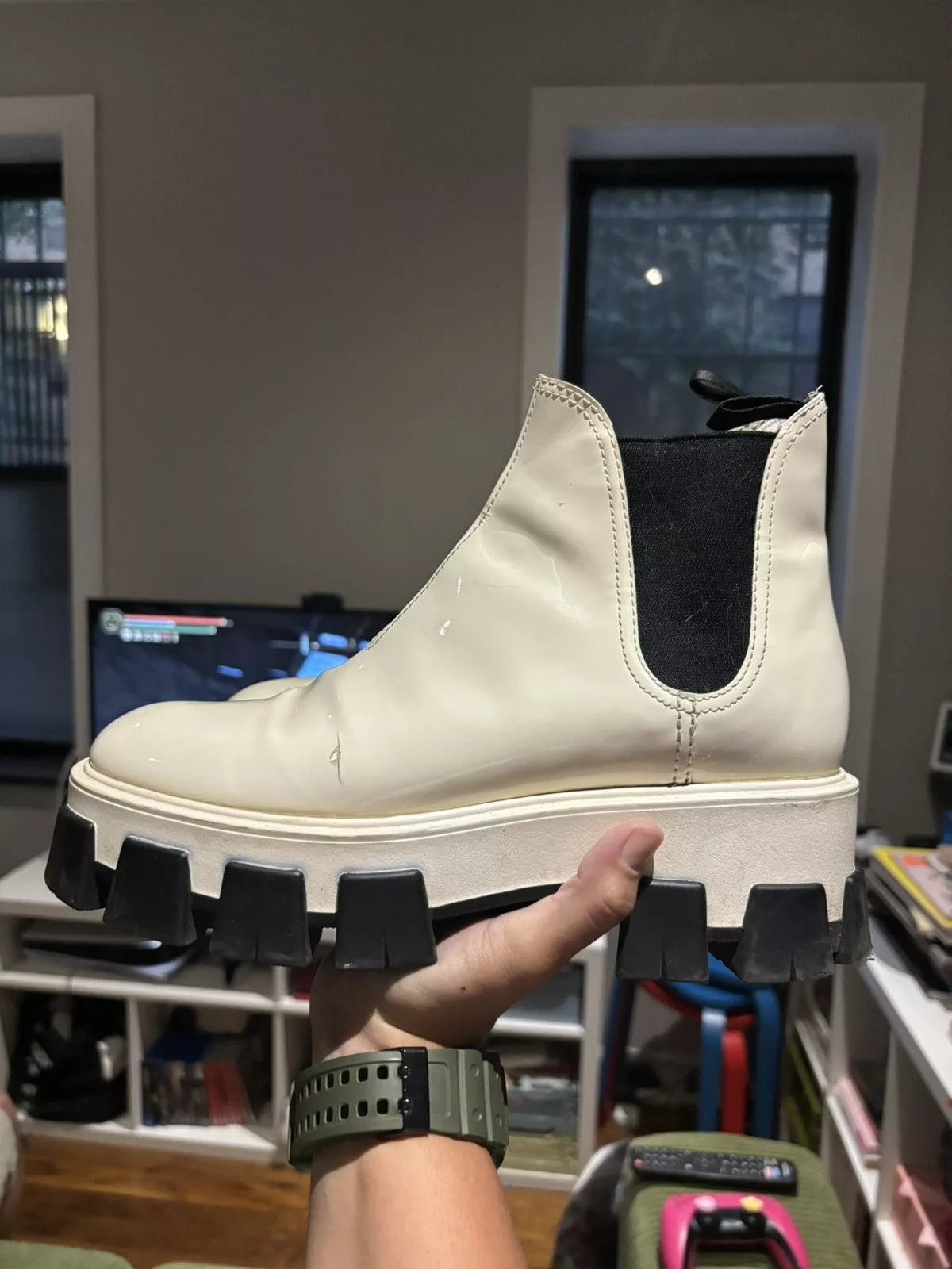 Prada Boots Prada Platform Patent Leather Chelsea Boots White