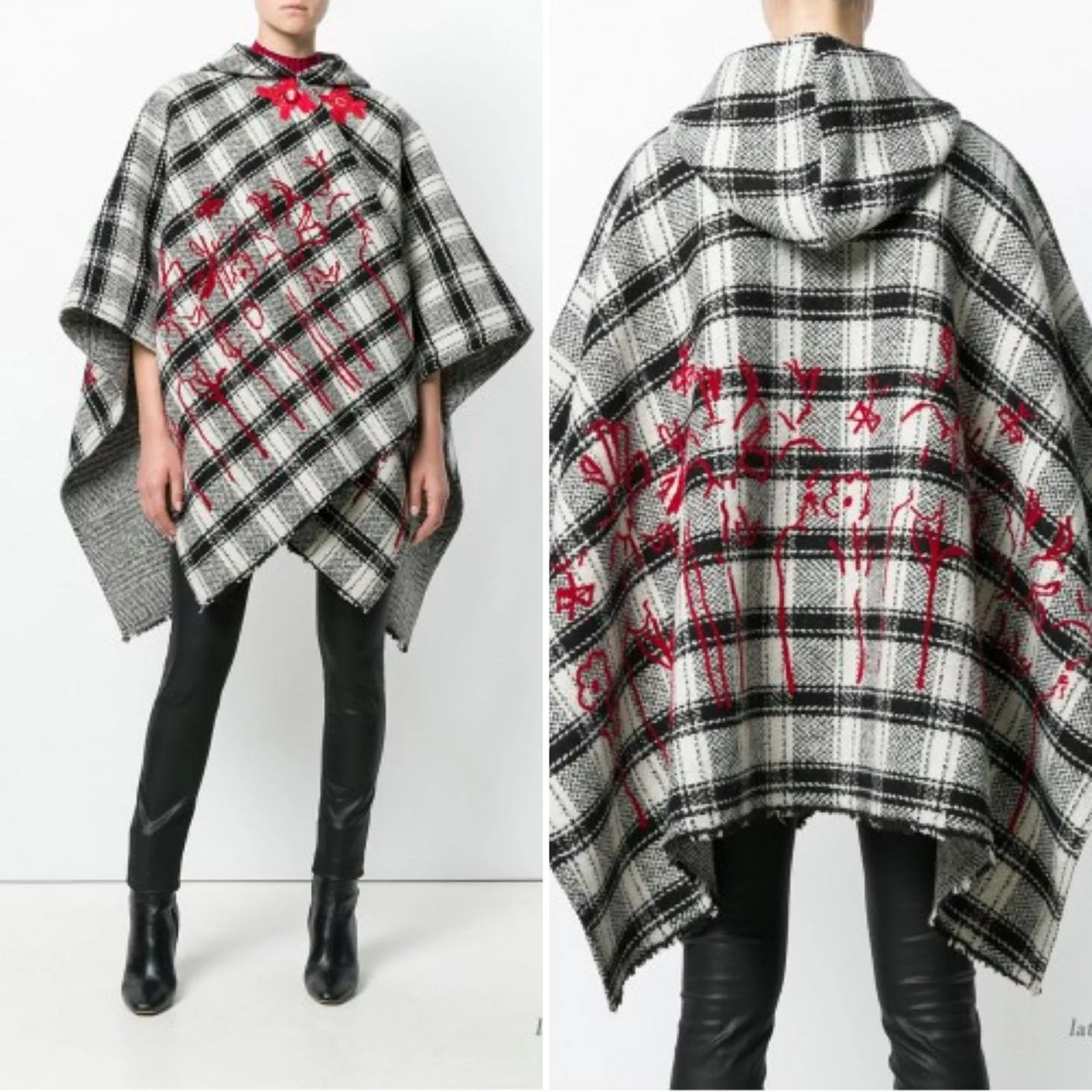 Ermanno Gallamini Jackets Ermanno Gallamini Hooded Wool Blanket Cape Poncho Check Multi