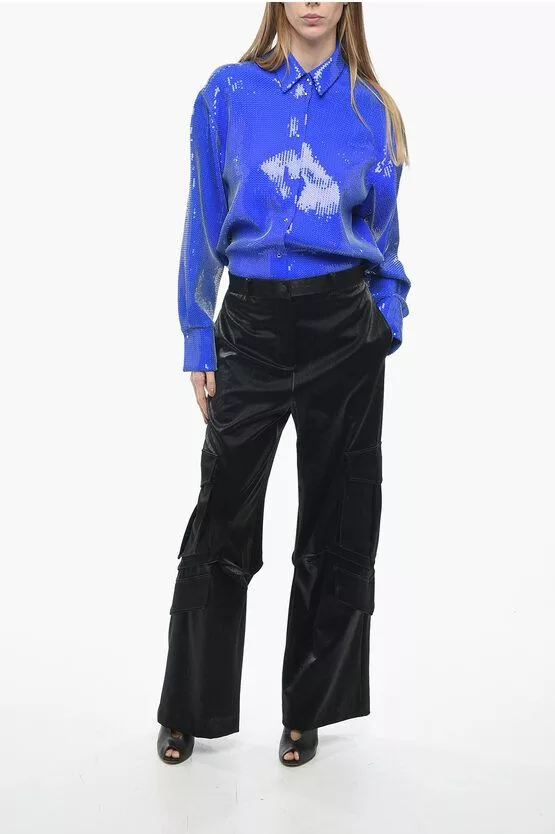 MSGM Pants MSGM og1mm0724 Satin Cargo Belt Pants in Black