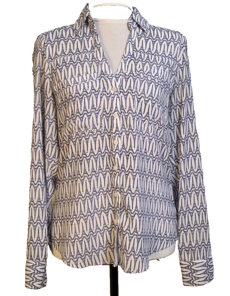 Express Blouses Express Portofino Size XS Blouse Eifel Tower Roll Tab Sleeve White