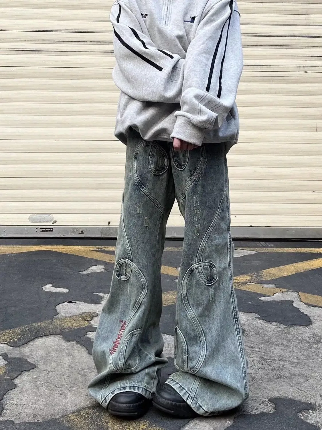 Jean Denim Jean × Vintage Washed Embroidered Micro-flare Jeans Blue