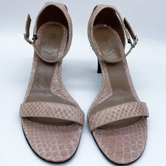 Gucci Heels Gucci Snake Pattern Kitten Heel Ankle Strap Leather Sandal Pink