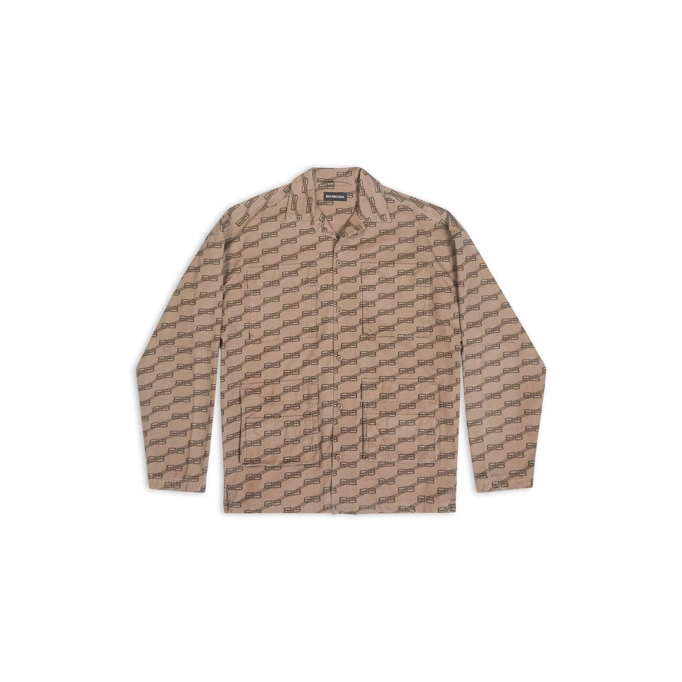 Balenciaga Shirts Button Ups Balenciaga o1s1wg110624 Monogram Cargo Shirt in Beige/Brown Multi
