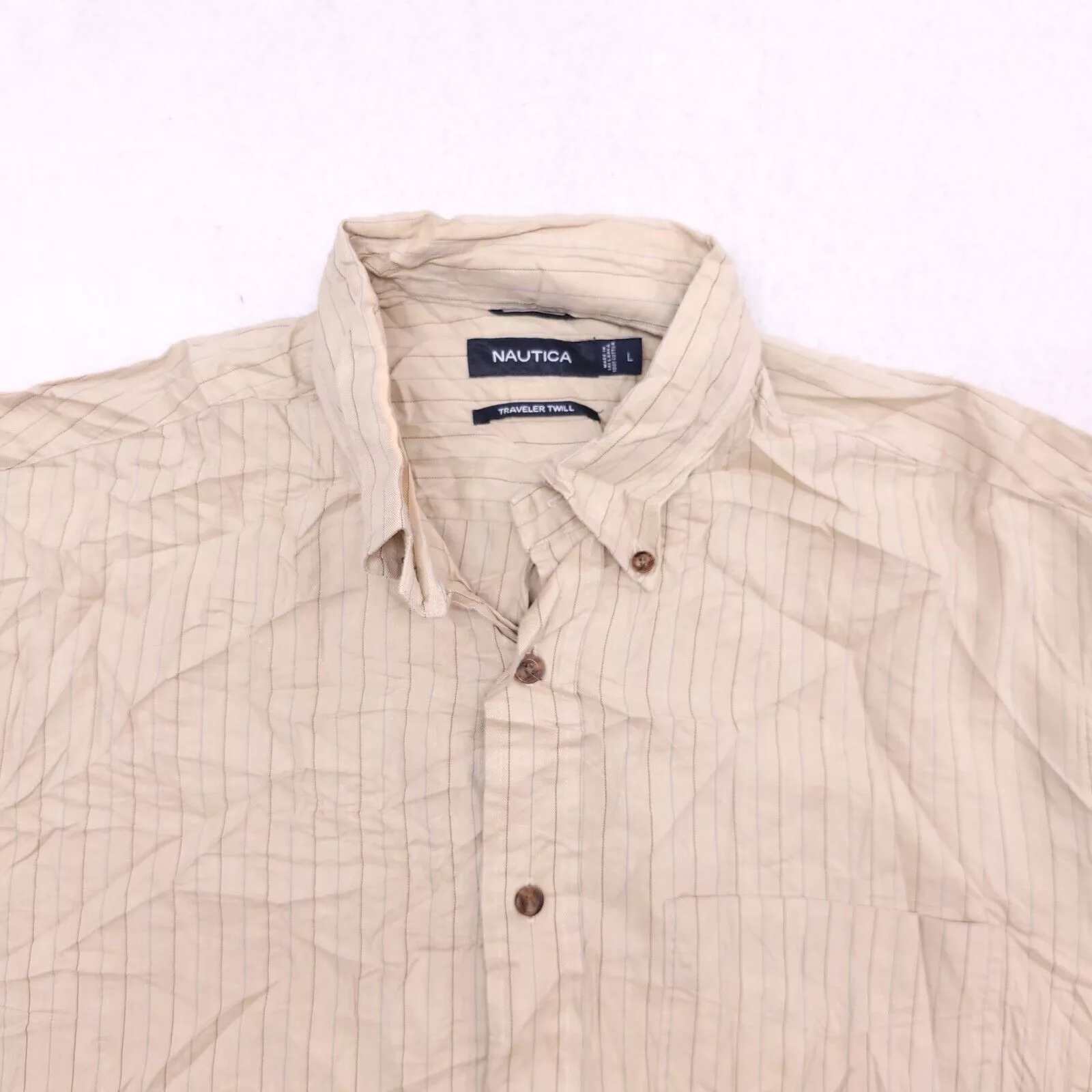 Nautica Shirts Button Ups Nautica Casual Button Up Shirt Mens Size Large Beige Striped Brown