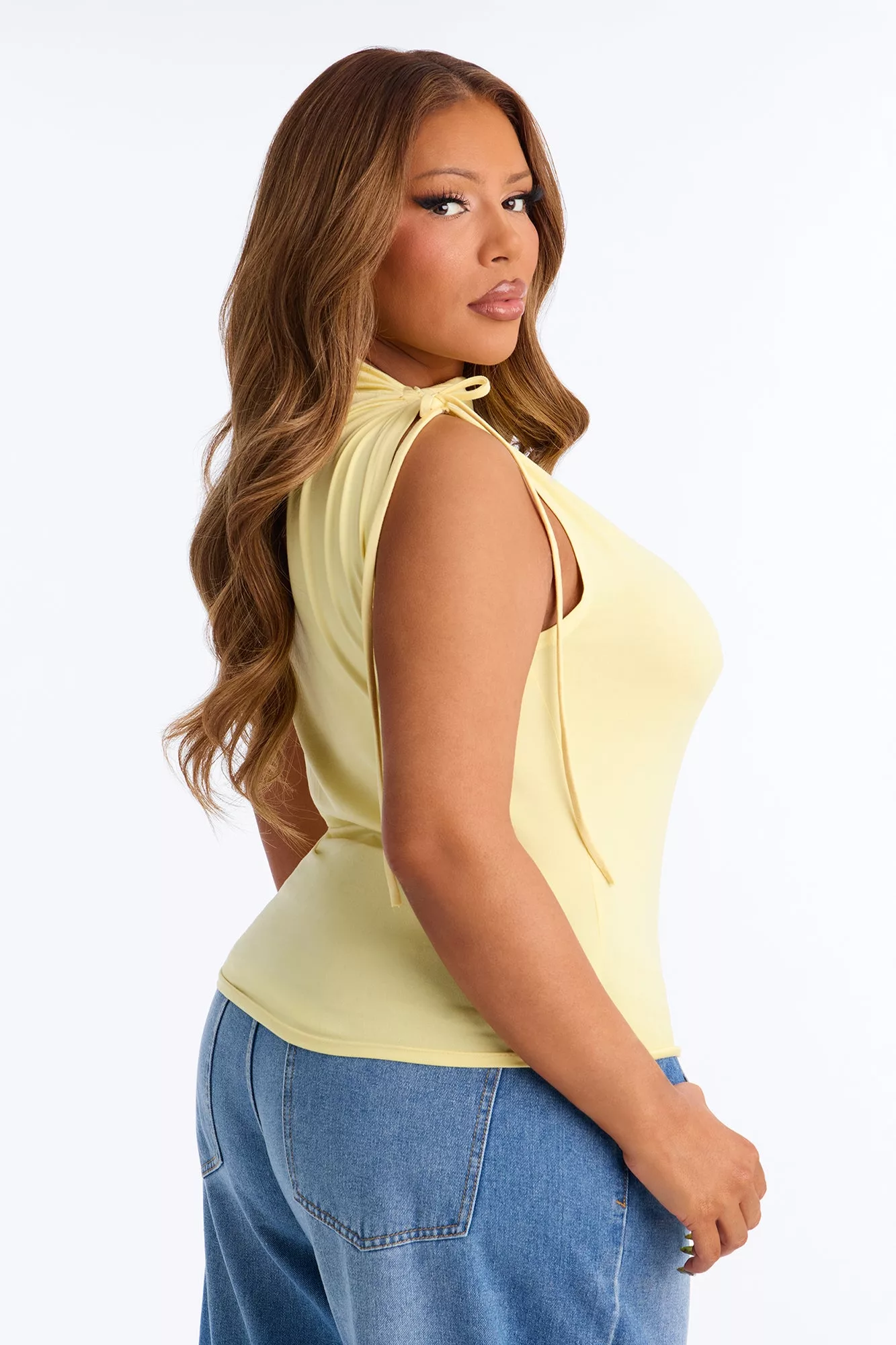 Devon Ruched Drawstring Mock Neck Top - ButterYellow