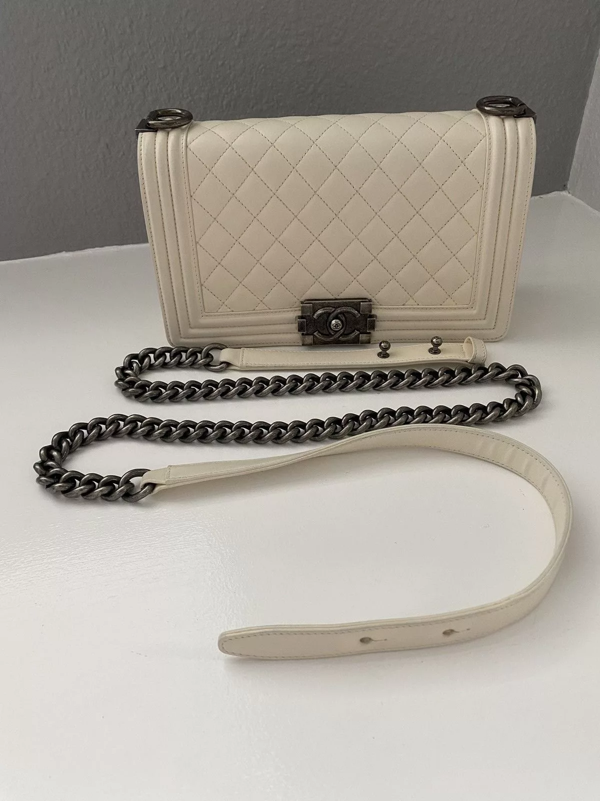 Chanel Shoulder Bags Authentic Chanel Medium Boy Quilted Bag White