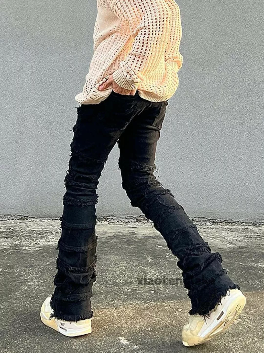 Jean Denim Jean × Vintage damaged patchwork stack punk grunge hiphop flared jeans Black