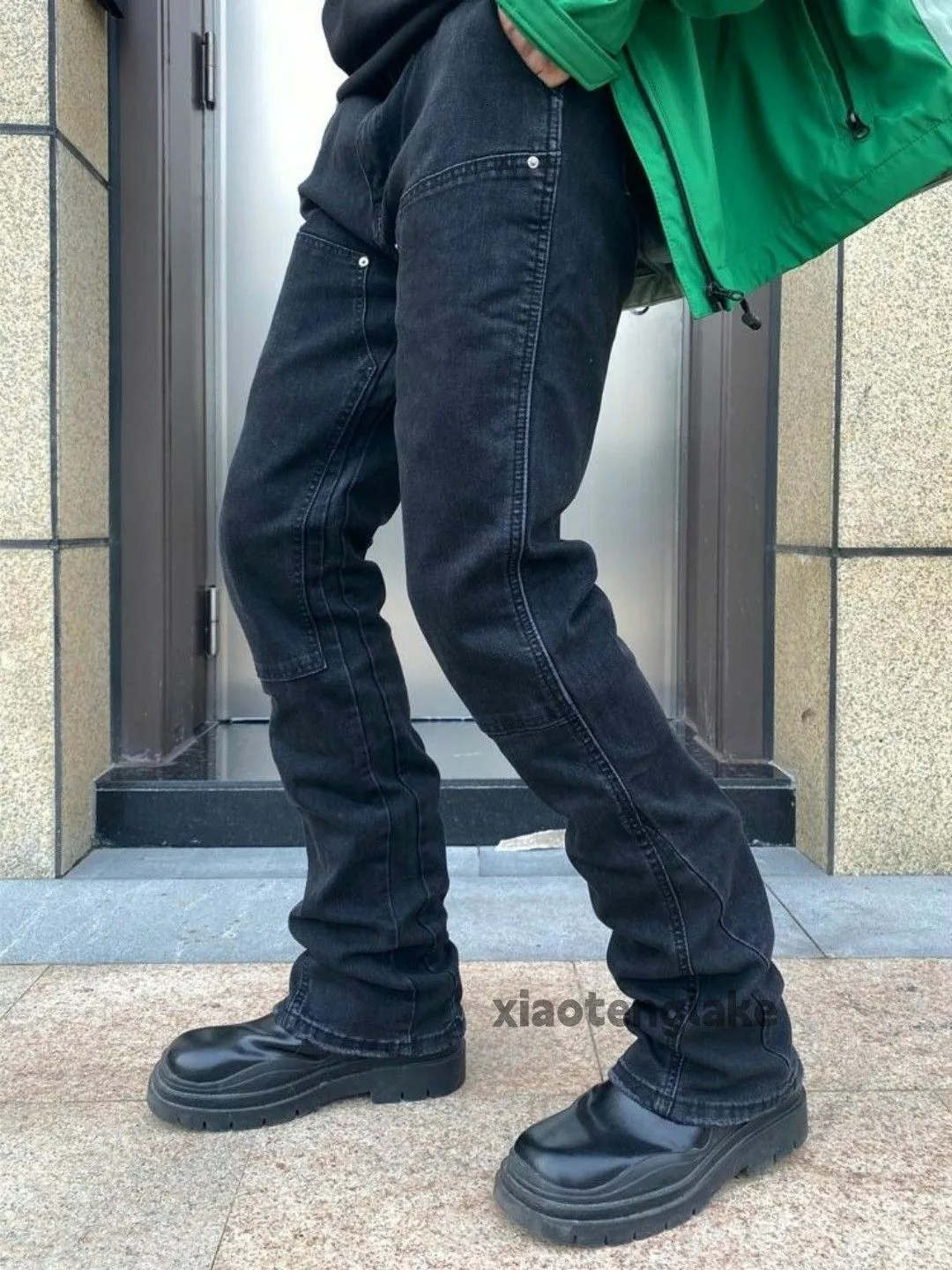 Jean Denim Jean × Vintage washed faded workwear carpenter patchwork flared jeans Black