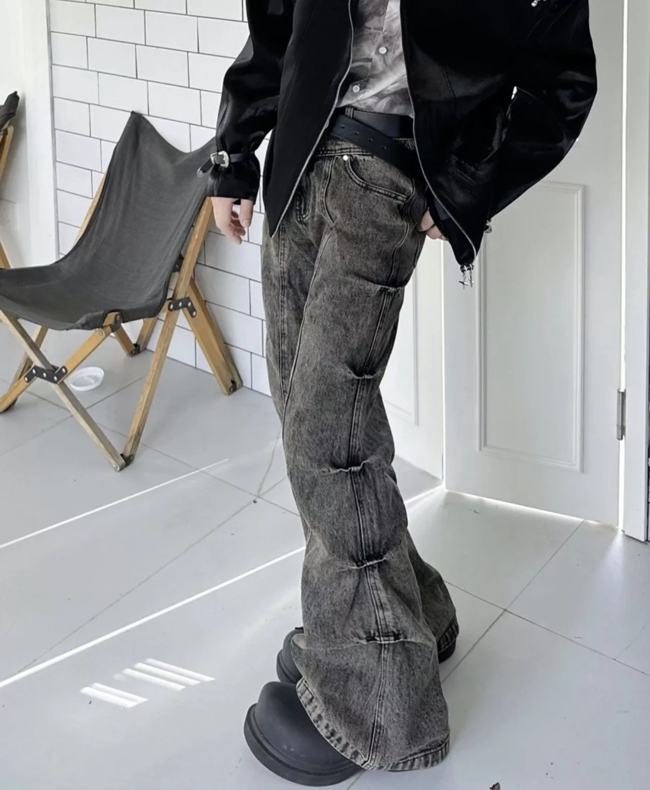 Jean Denim Y2k Cargo Flared Stack Jeans Wide Leg Bootcut Stacked Gray Streetwear