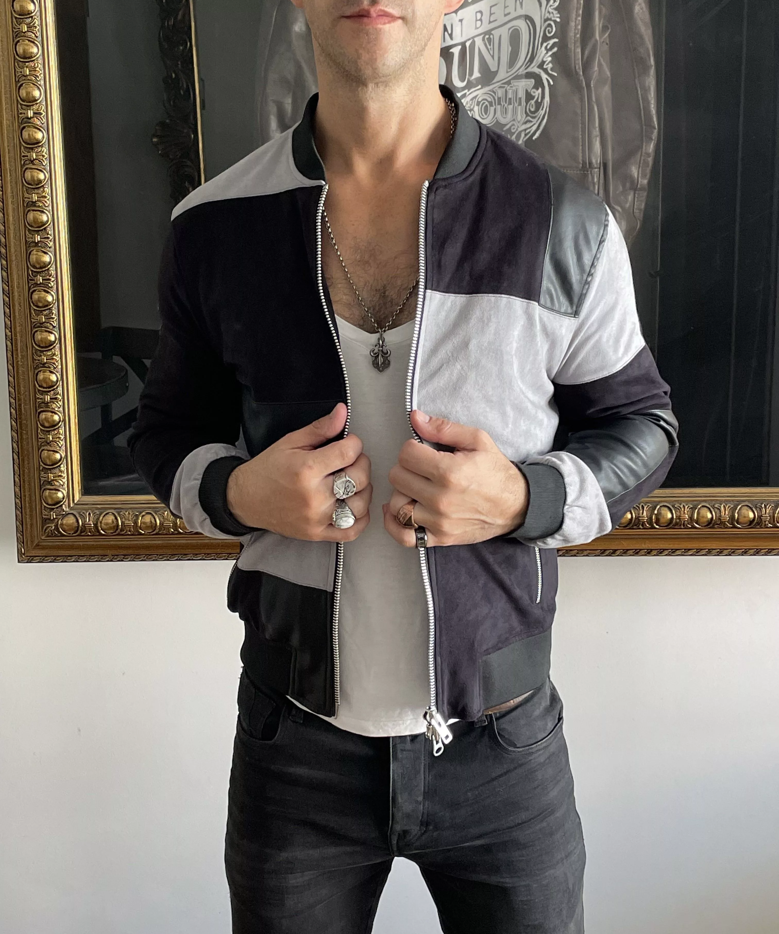 Other Leather Jackets Other Patchwork Leather Suede Black Grey Bomber Jacket Sandro