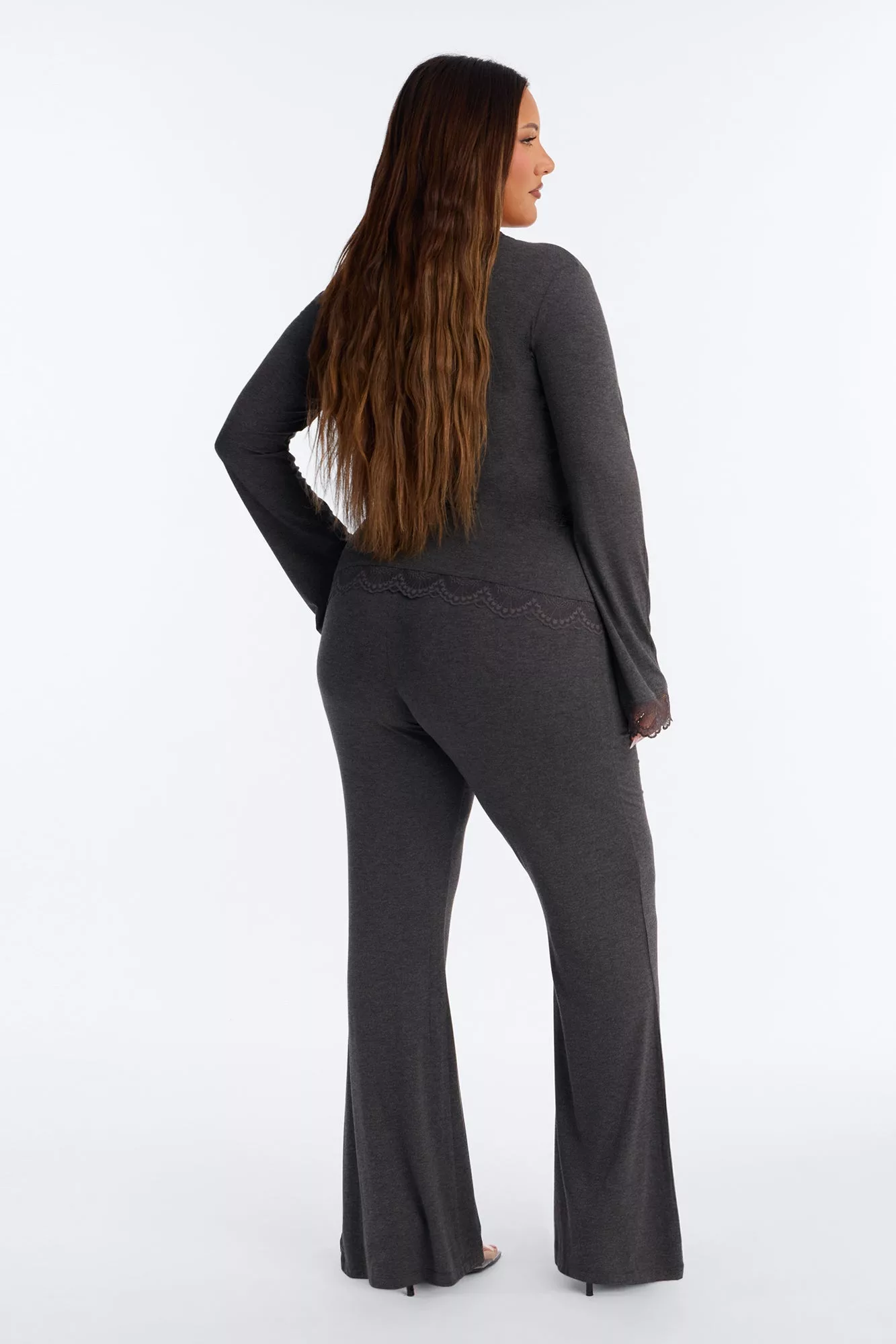 Danielle Lace Trim Wrap Pant Set - Charcoal