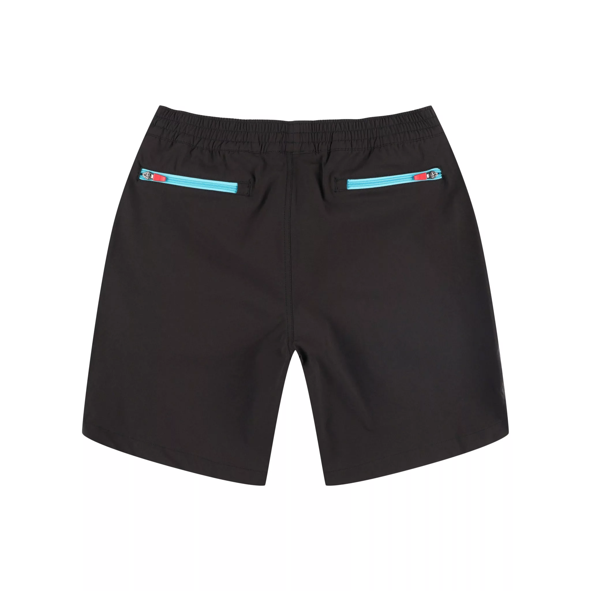 Back zipper pockets on Topo Designs Men's Global lightweight quick dry travel Shorts in Black.