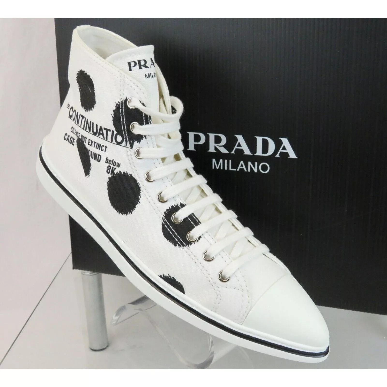 Prada Low Top Sneakers Prada 1T618M WHITE BLACK POLKA CANVAS LOGO POINTY CAP SNEAKERS 40