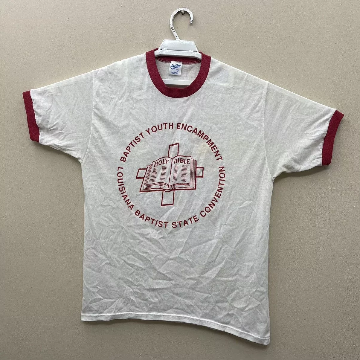 Velva Sheen Short Sleeve T Shirts Velva Sheen × Vintage Vintage 80s Holy Bible Jesus Ringer T-Shirt Paper Thin White