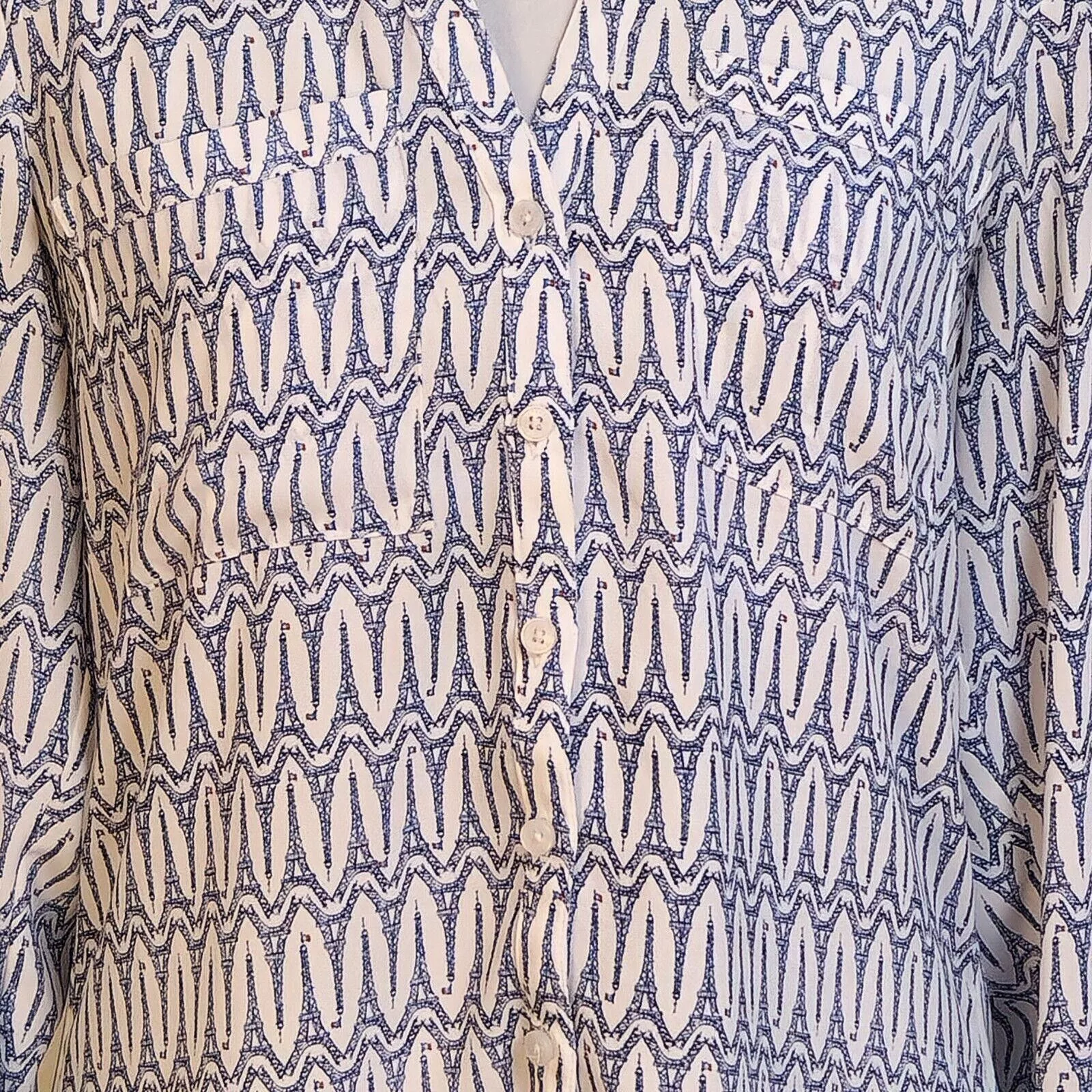 Express Blouses Express Portofino Size XS Blouse Eifel Tower Roll Tab Sleeve White