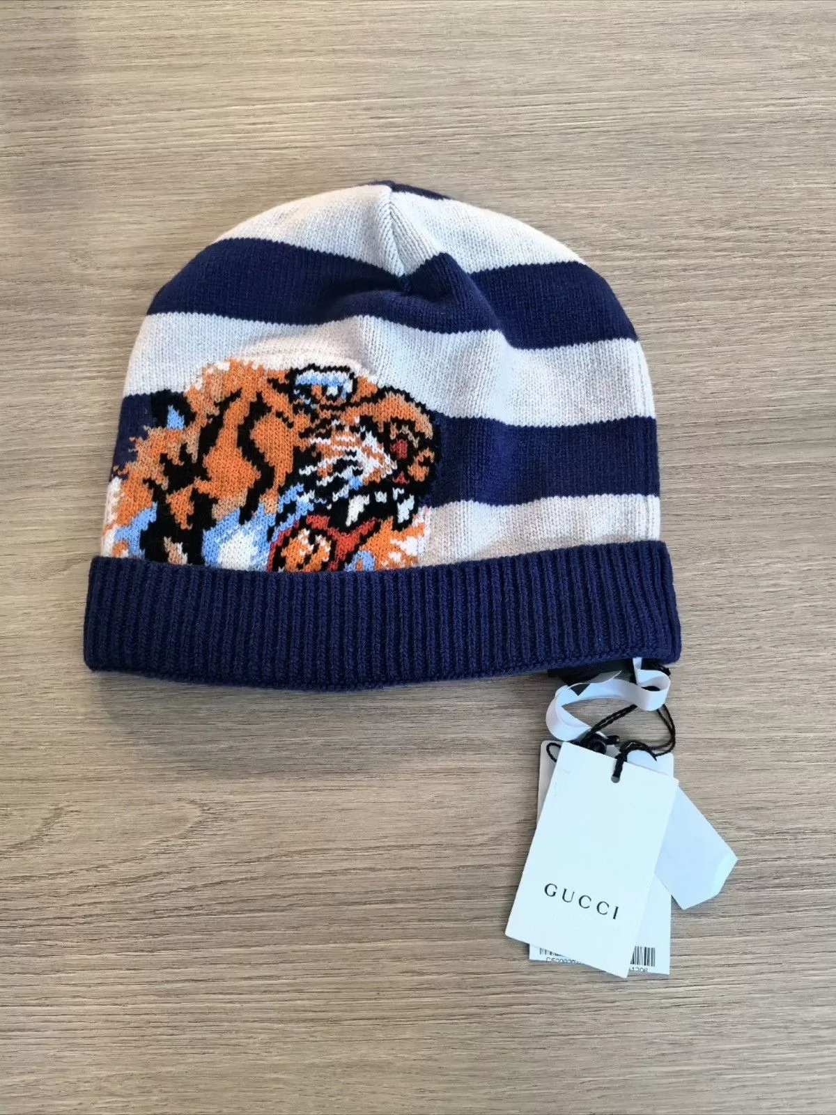Gucci Hats Gucci Blue Striped Wool Knit Beanie Hat with Tiger Head