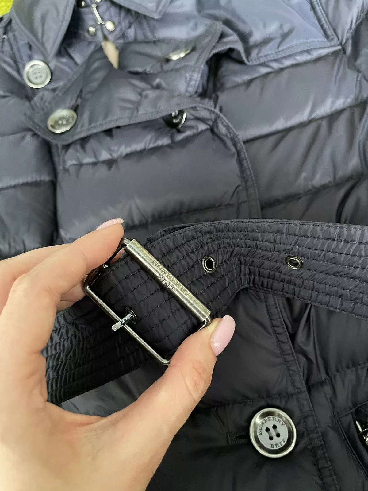 Burberry Down Jackets Burberry × Designer Burberry Brit belted down puffer jacket Blue Luxury