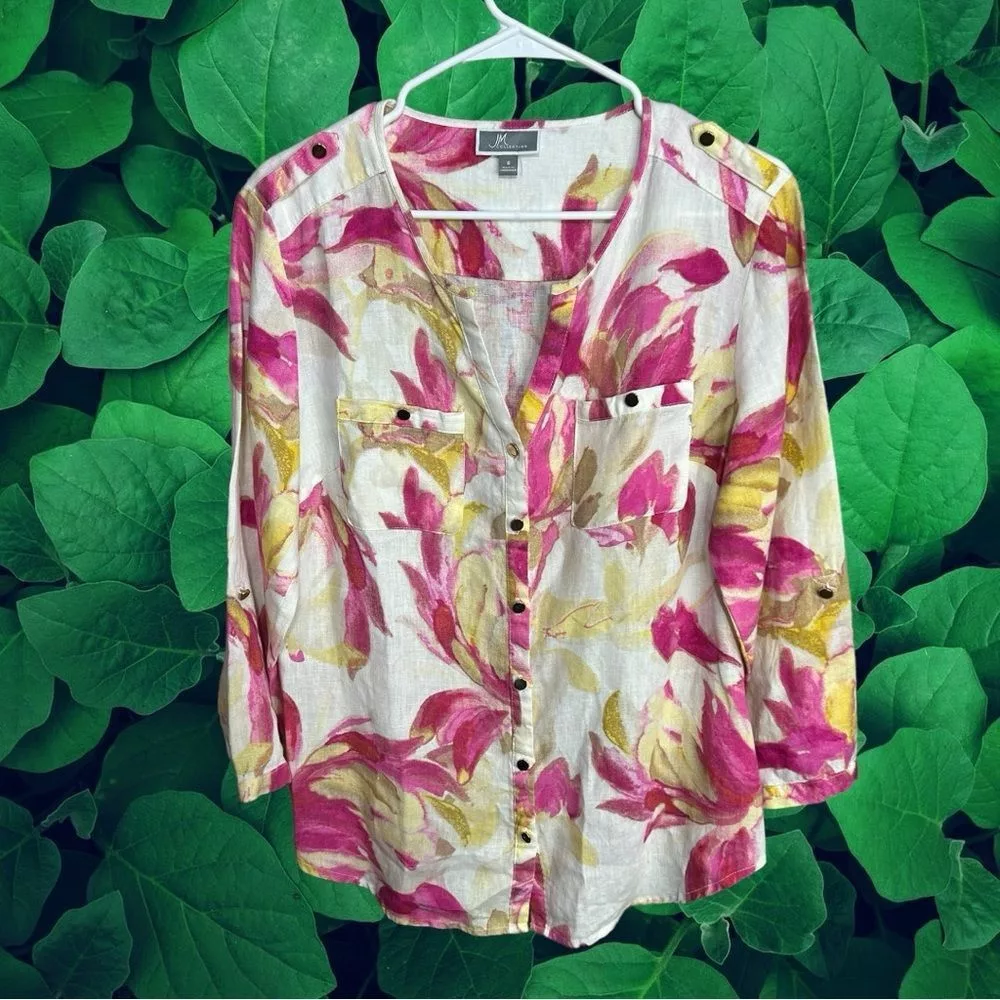 Other Button Ups Other JM Collection Button Front 100% Linen Floral Shirt Size 8 White
