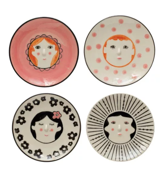 Hand-Painted Stoneware Plate w/ Face, asst
