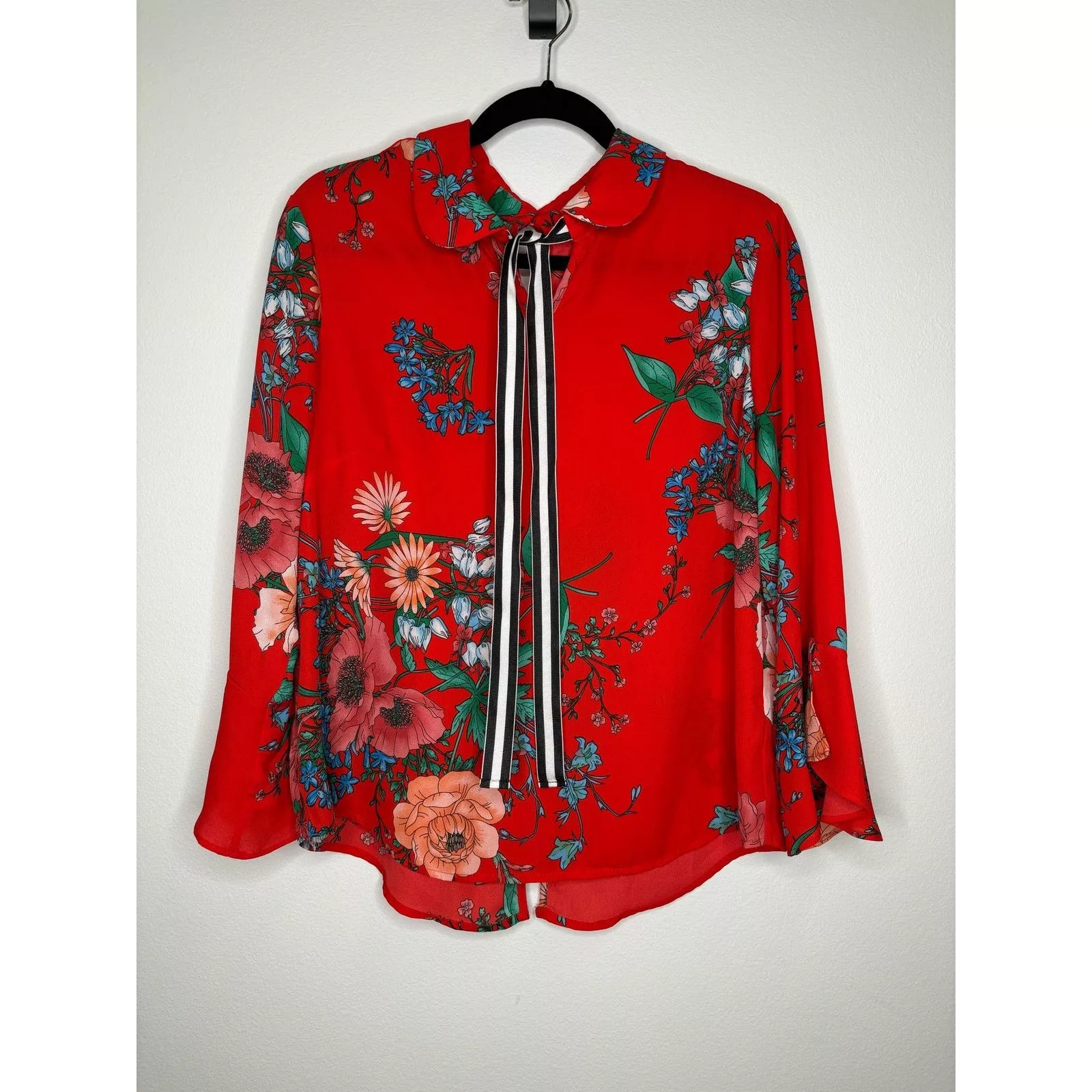 & Other Stories Blouses & Other Stories Meraki- red and floral blouse with striped ribbon detail
